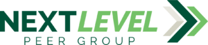 Next Level Peer Group logo, in shades of green and tan with a three-tiered arrow icon on the right