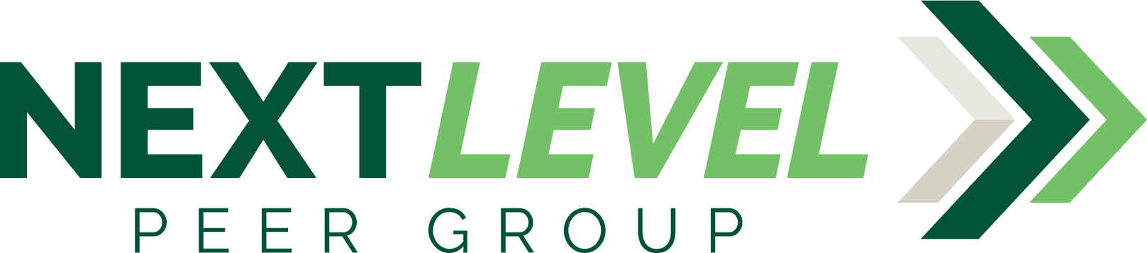 Next Level Peer Group logo, in shades of green and tan with a three-tiered arrow icon on the right